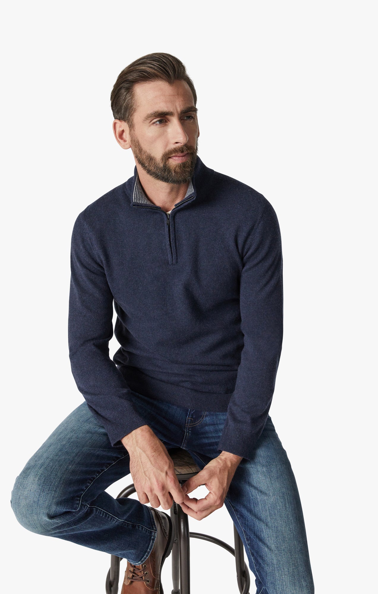 Cashmere Quarter Zip Sweater In Navy Image 8