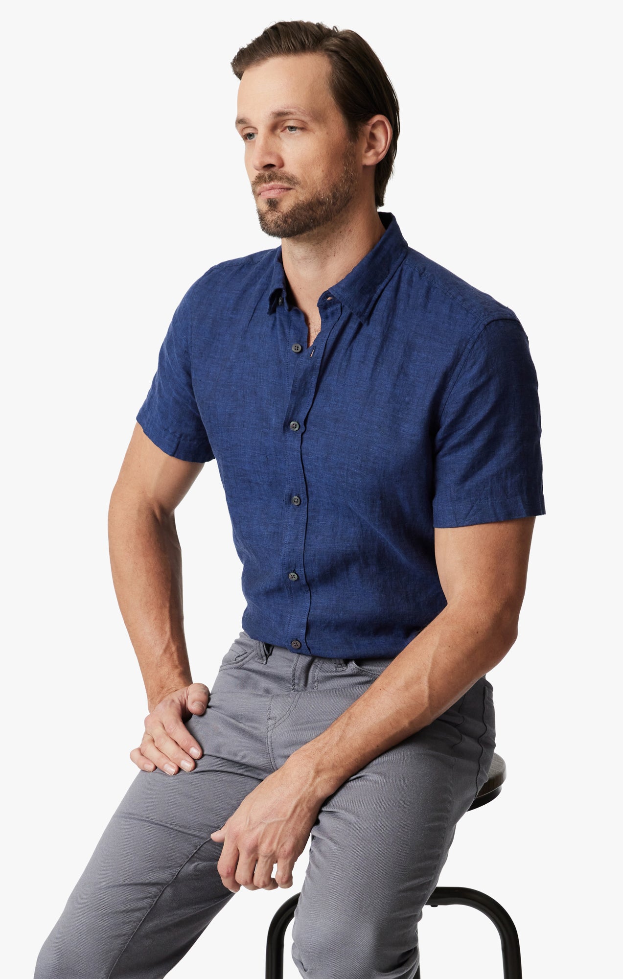 Linen Short Sleeve Shirt In Indigo