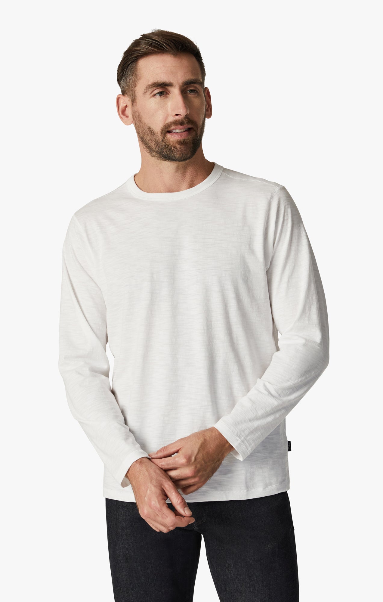 Slub Crew Neck Long Sleeve T-Shirt in White