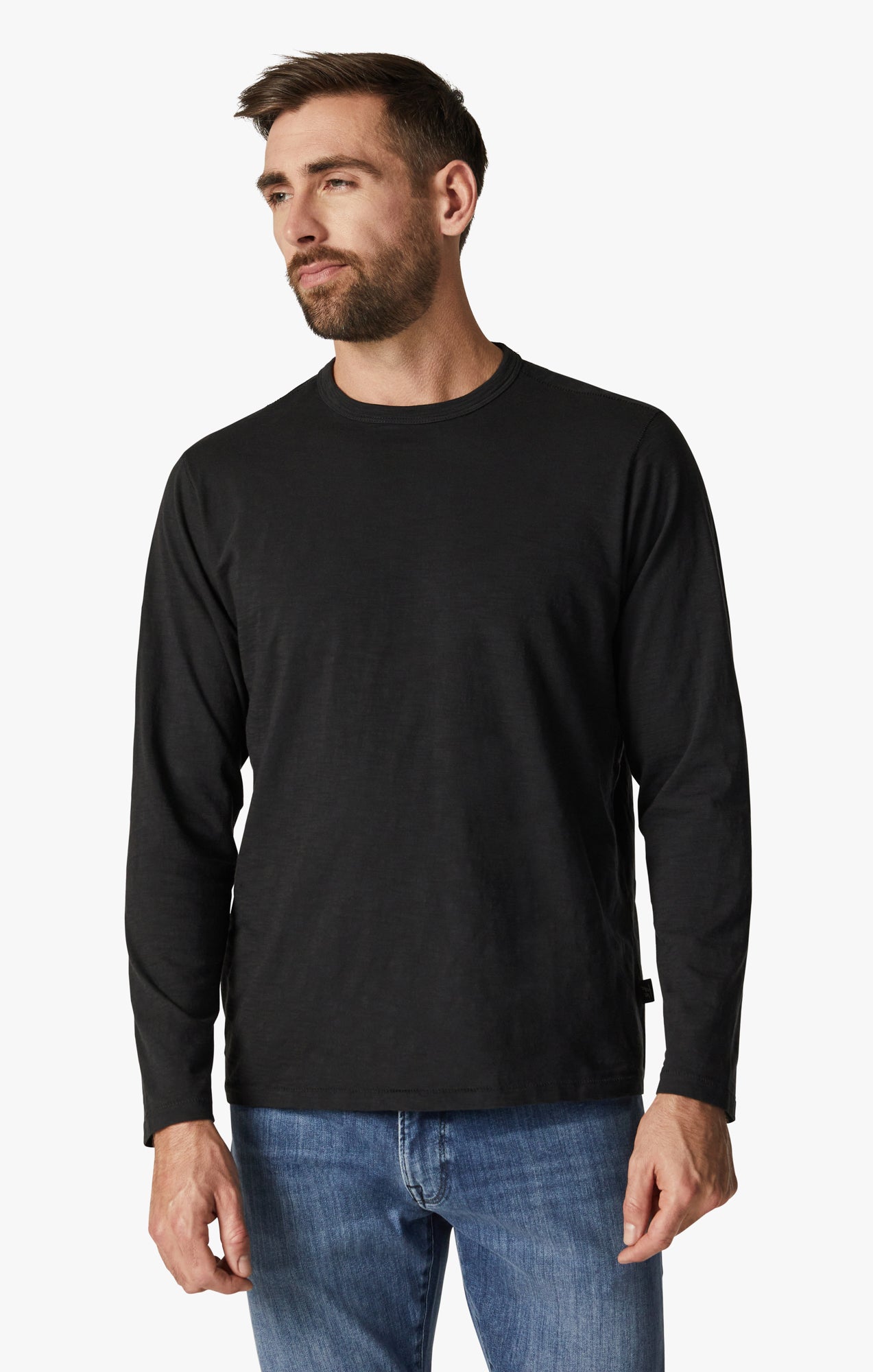 Slub Crew Neck Long Sleeve T-Shirt in Black