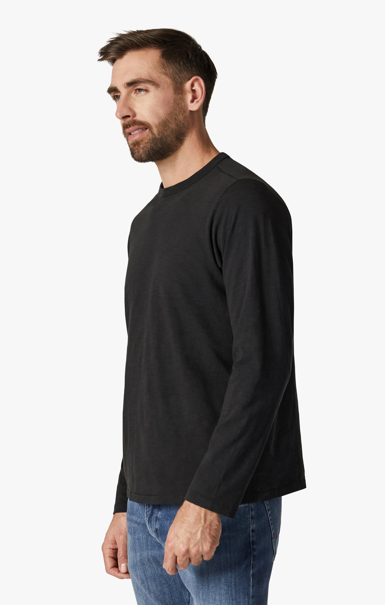 Slub Crew Neck Long Sleeve Shirt in Black Image 2