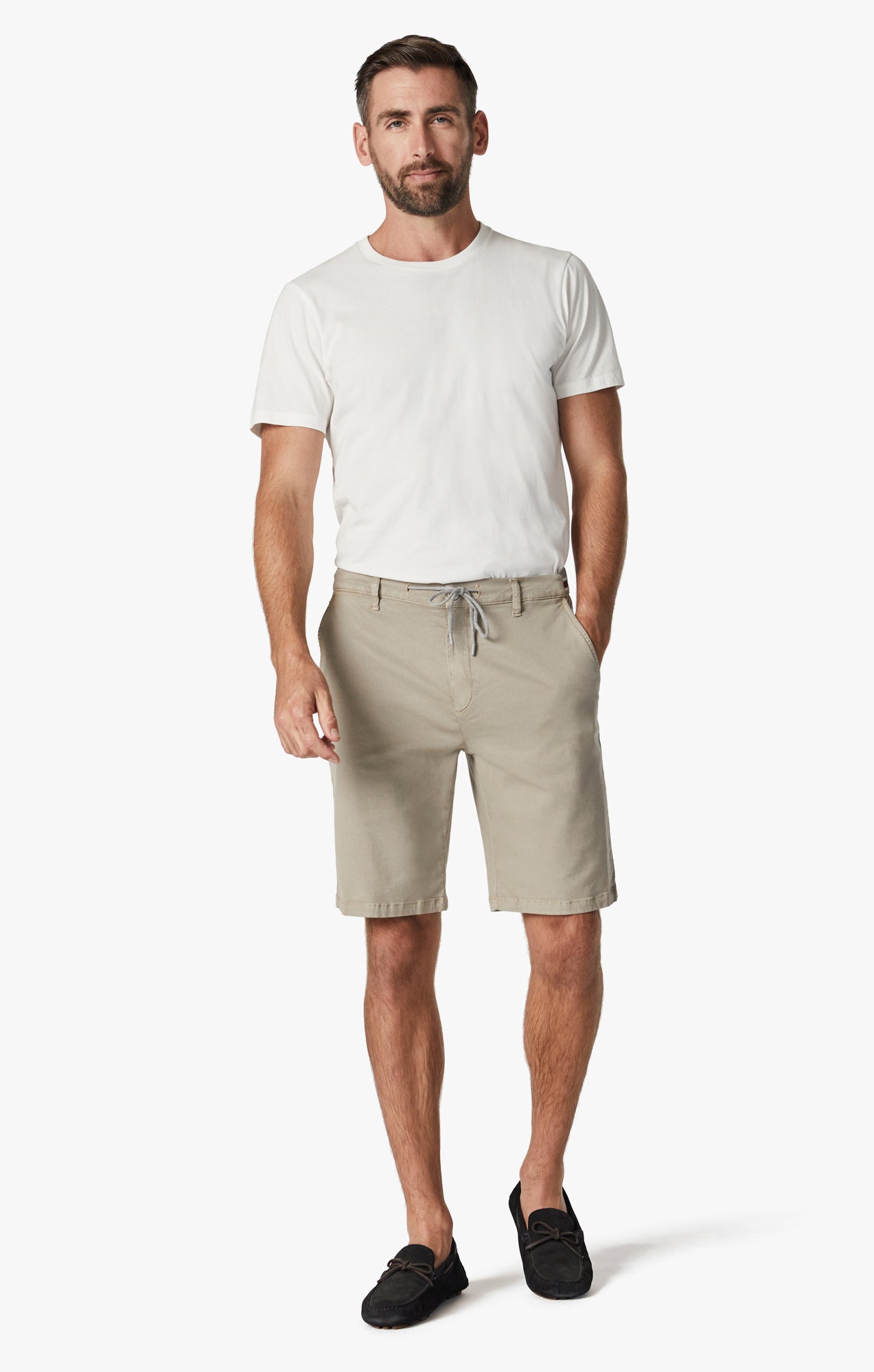 Ravenna Elastic Waist Chino Shorts In Aluminum Soft Touch