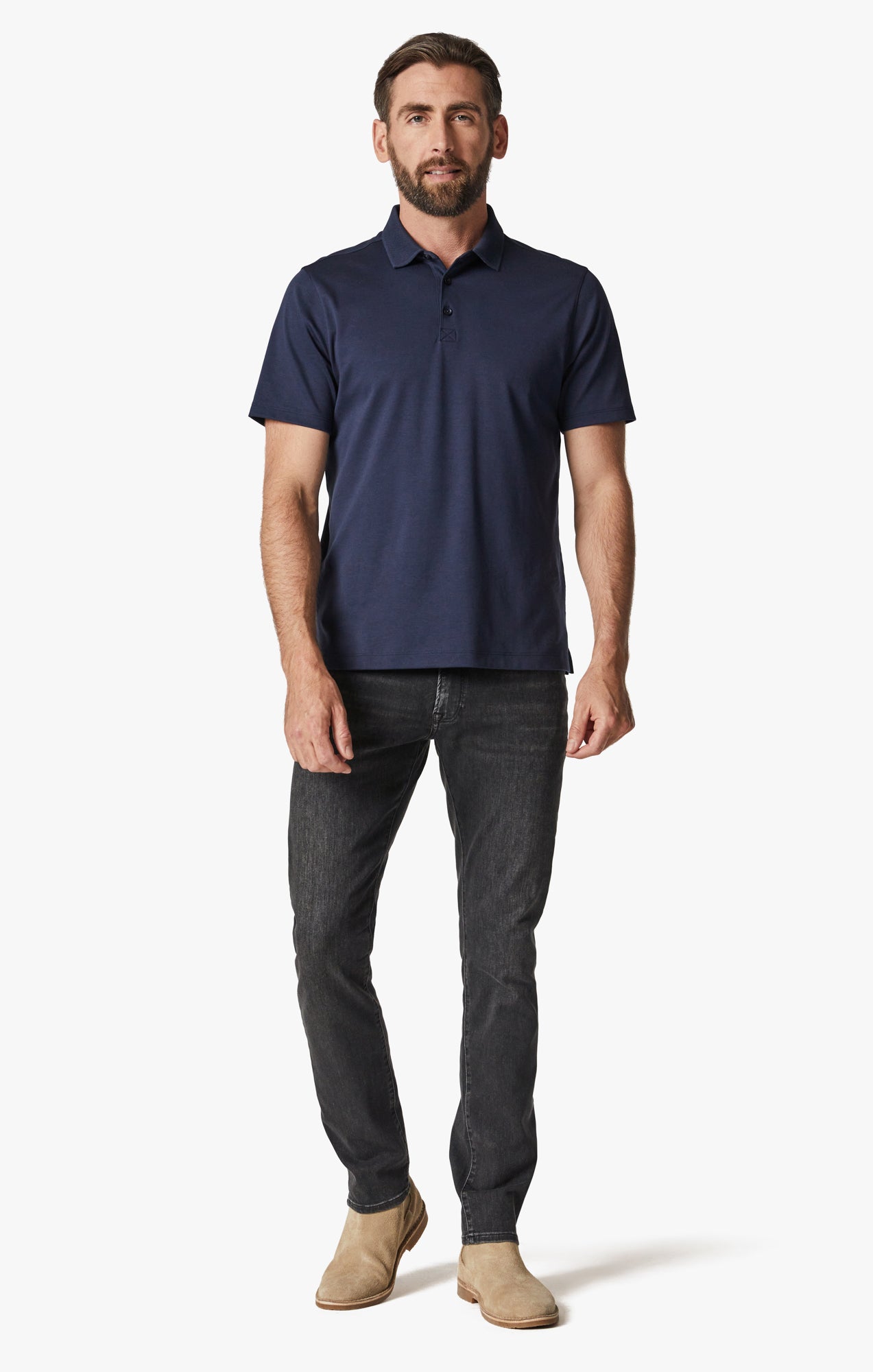 Blue polo shirt and black pants best sale