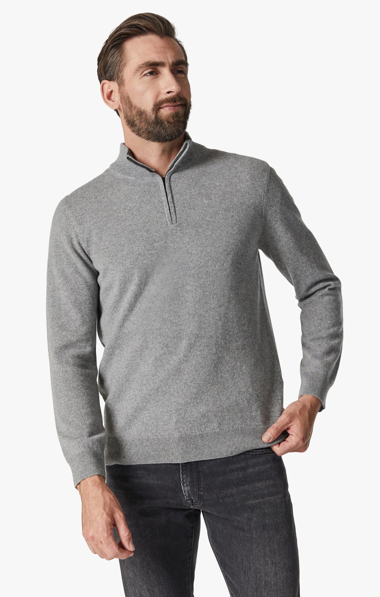 Cashmere Quarter Zip Sweater In Grey Melange Image 1