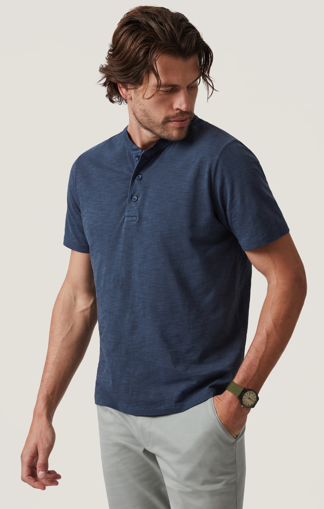 Slub Henley T-Shirt in Blue Night