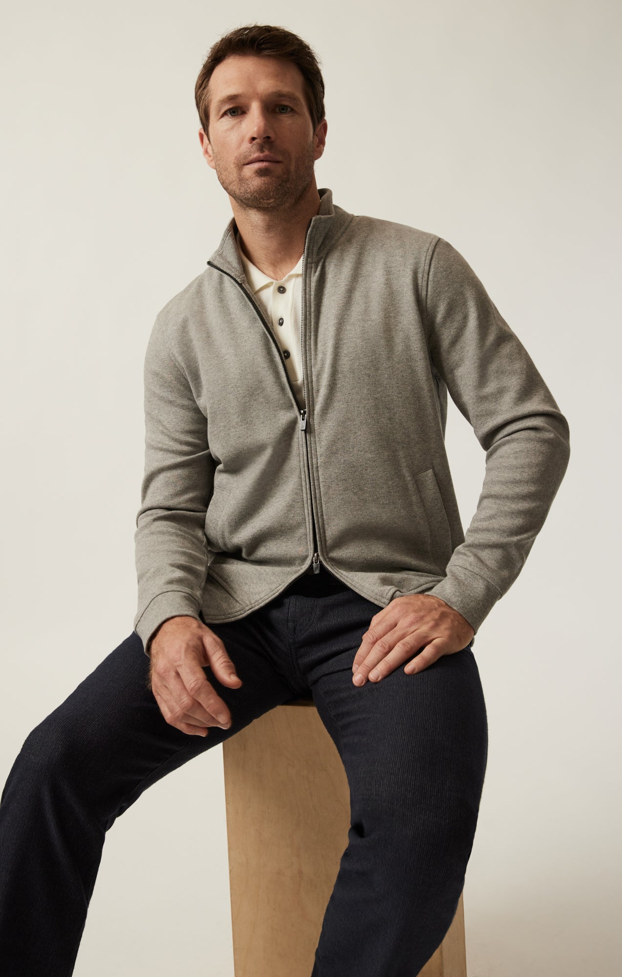 High Neck Zip-Up Sweatshirt In Grey Melange