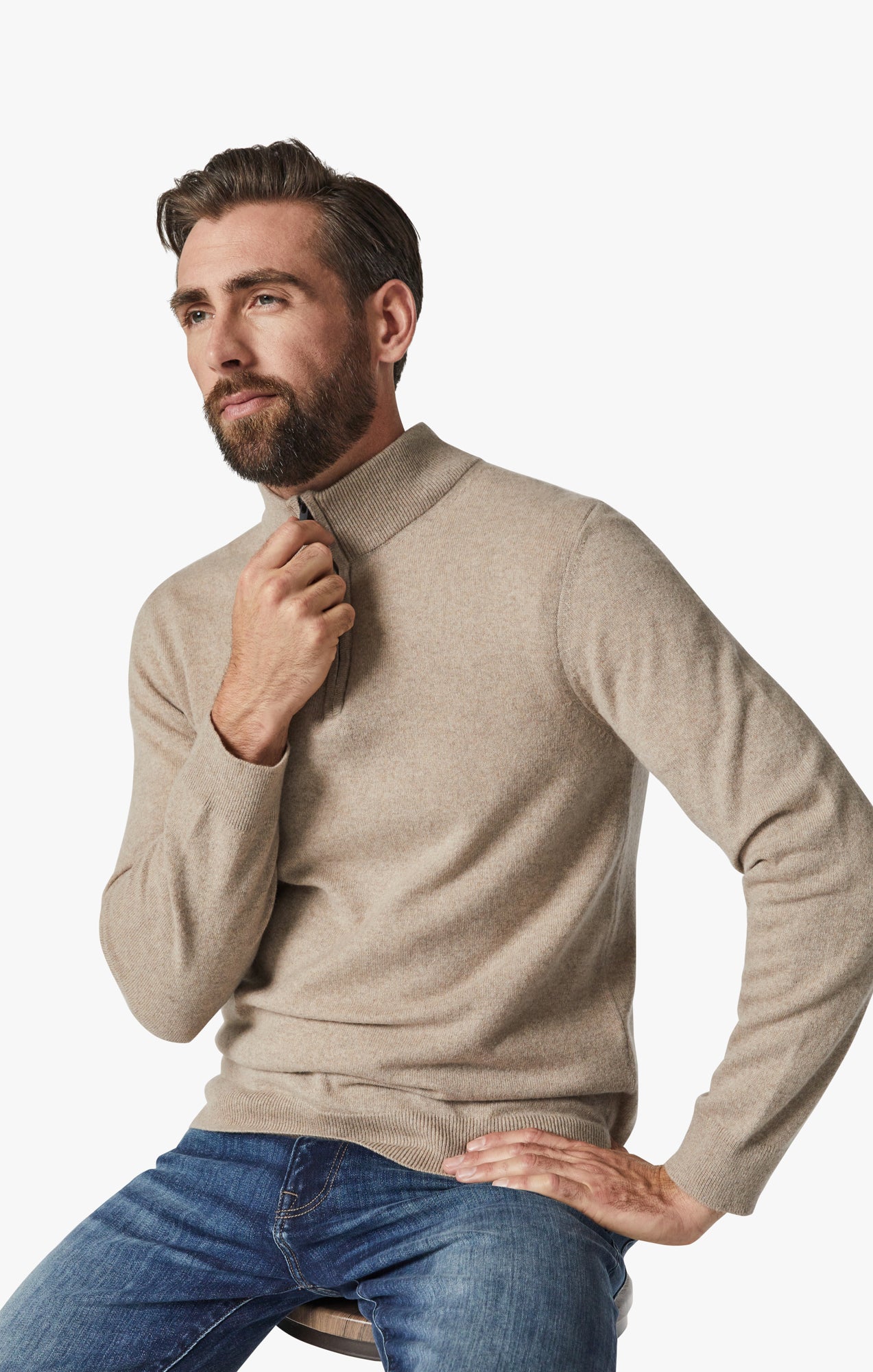 Cashmere Quarter Zip Sweater In Beige Image 7