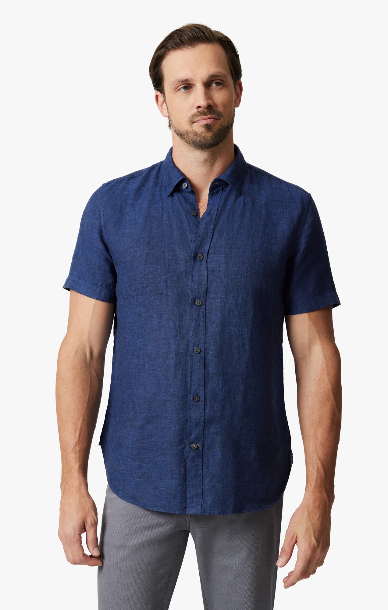 Linen Short Sleeve Shirt In Indigo