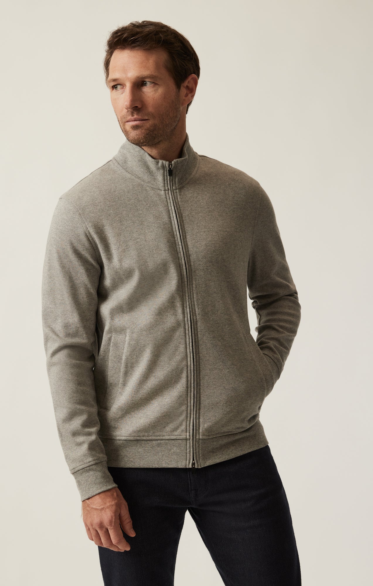 High Neck Zip-Up Sweatshirt In Grey Melange